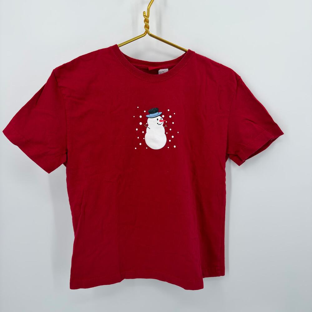 Vintage Red Snowman Embroidered Christmas T-Shirt Holiday Unisex Size L